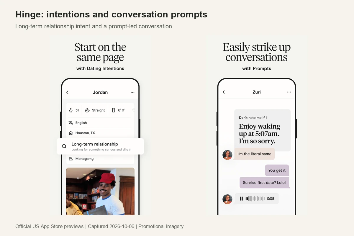 Hinge dating app profile showing long-term relationship intention and prompt-driven conversation opener