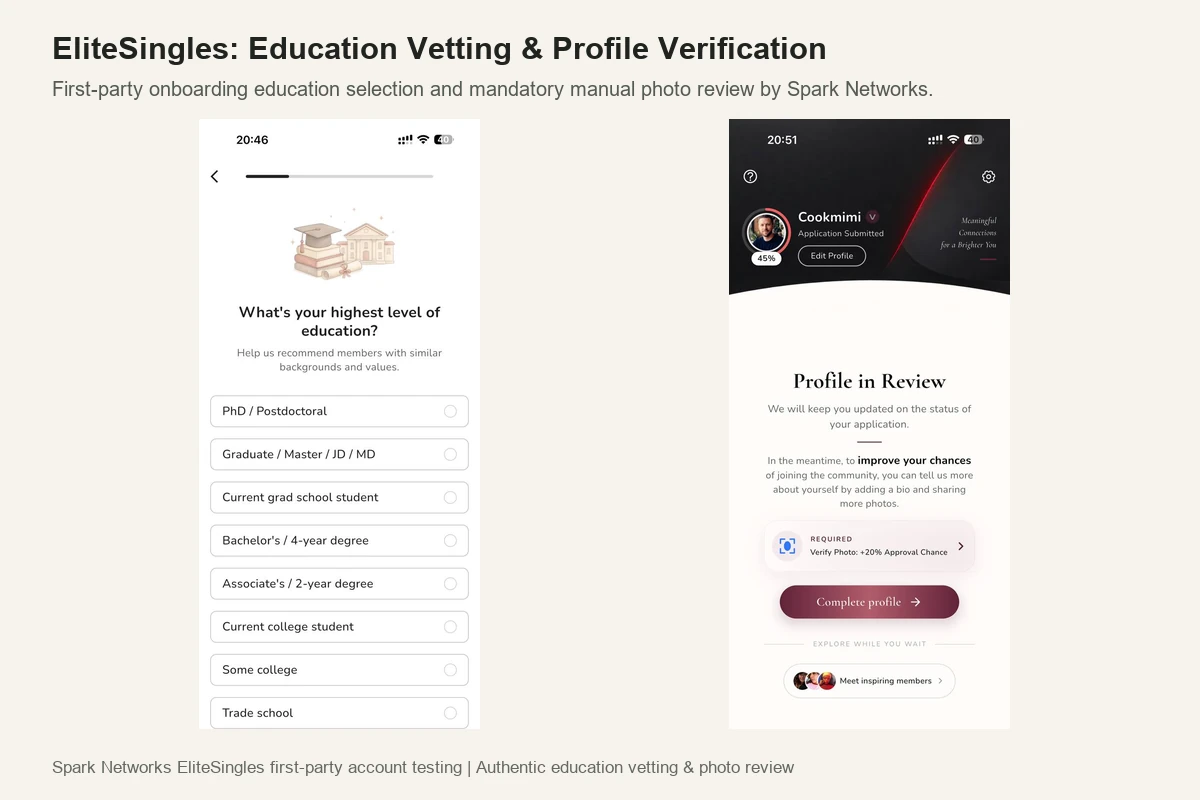 EliteSingles member onboarding profile setup and official photo verification review screen