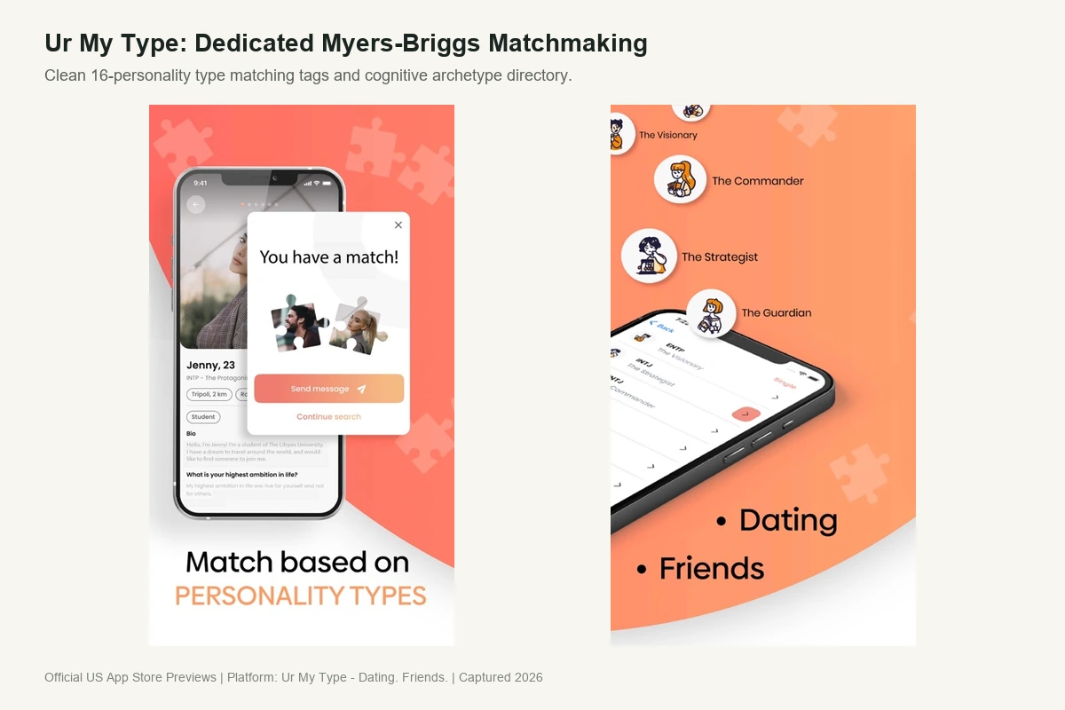 Ur My Type dating app interface showing 16 personality types test results and introvert-friendly match feed