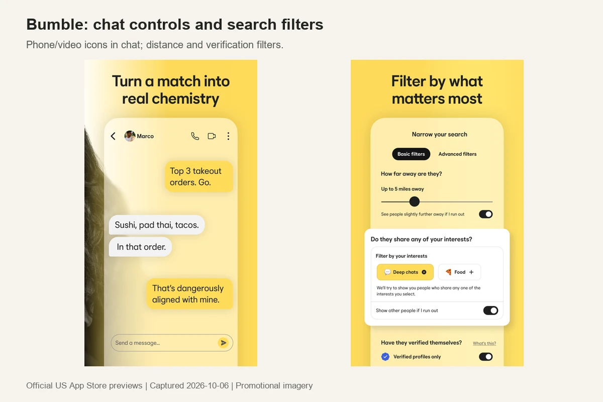 Bumble dating app chat controls showing secure voice/video calling icons and profile verification filters