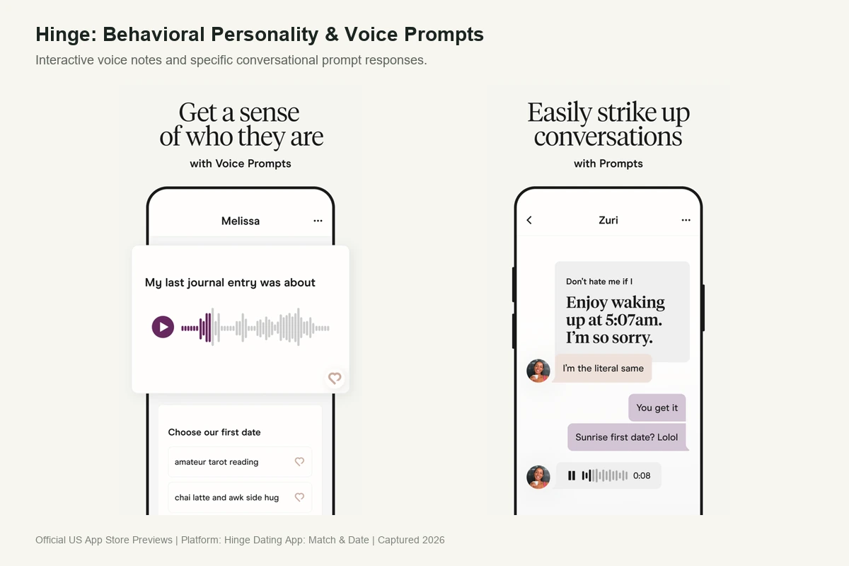Hinge dating app profile showcasing voice prompts and humorous personal statement cards