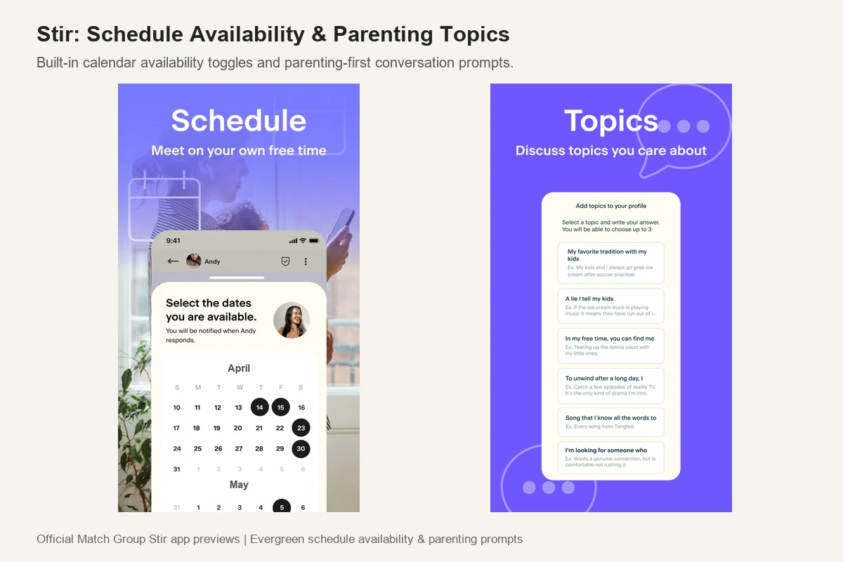 Stir dating app Schedule Match availability calendar and single parent conversation prompts