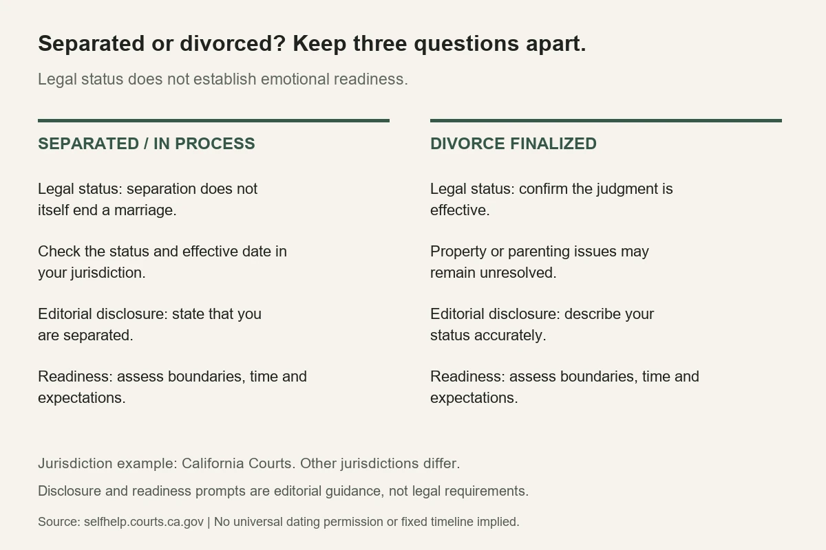 Infographic comparing legal separation vs finalized divorce dating protocols, ethical disclosure, and emotional readiness