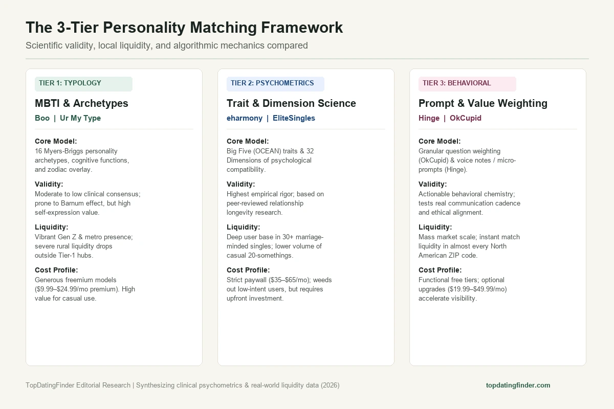 Comparison chart of dating apps based on personality: Typology vs Psychometrics vs Behavioral matching models