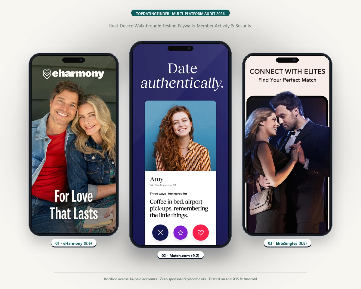 Independent dating site reviews multi-device benchmark audit showing real mobile interfaces