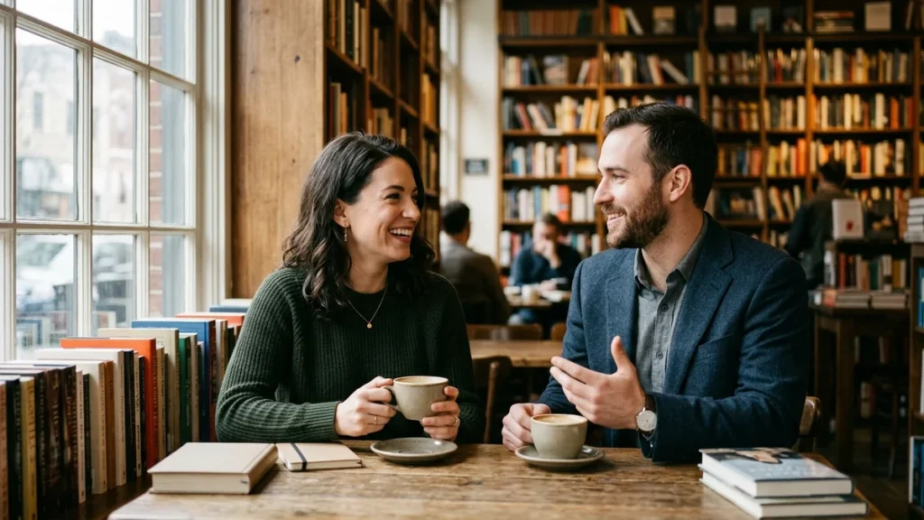 Best dating apps based on personality guide showing two singles connecting over deep conversation in a cozy library cafe